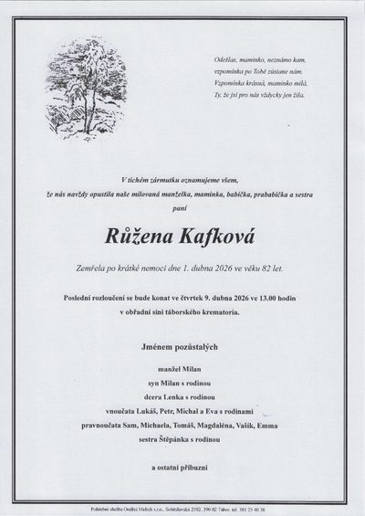Smuteční oznámení – Růžena Kafková