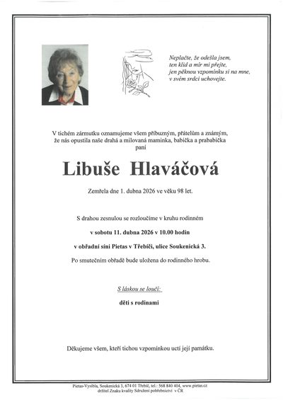 Smuteční oznámení – Libuše Hlaváčová