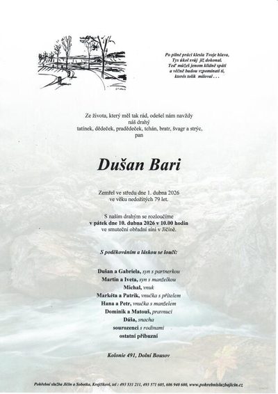 Smuteční oznámení – Dušan Bari