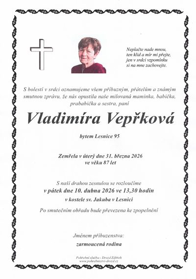 Smuteční oznámení – Vladimira Vepřková