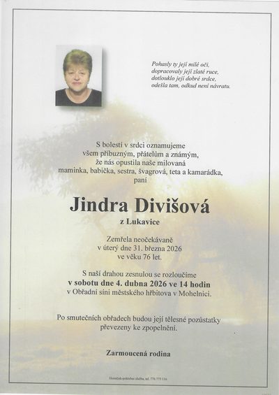 Smuteční oznámení – Jindra Divišová