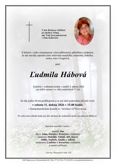 Smuteční oznámení – Ľudmila Hábová