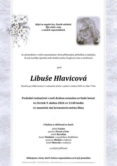 Smuteční oznámení – Libuše Hlavicová