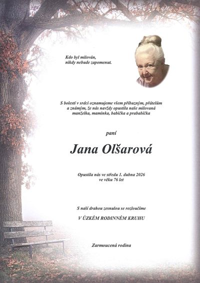 Smuteční oznámení – Jana Olšarová