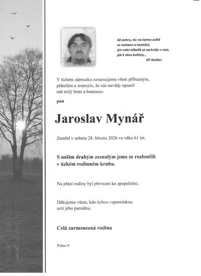 Smuteční oznámení – Jaroslav Mynář