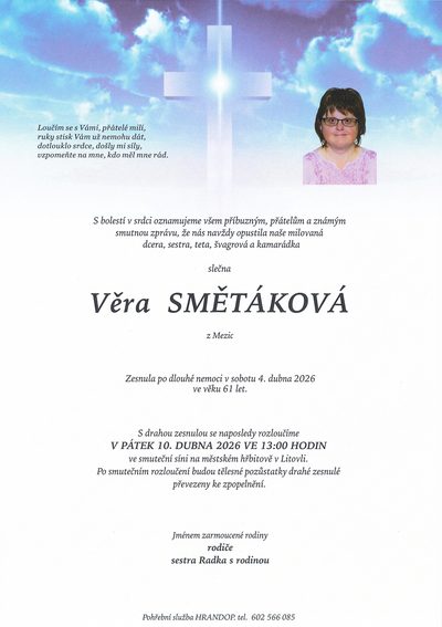 Smuteční oznámení – Věra Smětáková