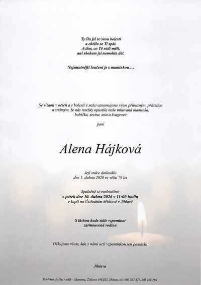 Smuteční oznámení – Alena Hájková