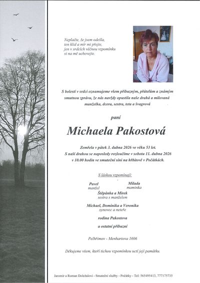 Smuteční oznámení – Michaela Pakostová
