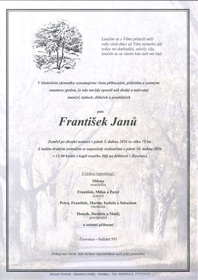Smuteční oznámení – František Janů