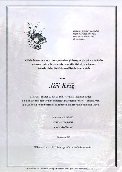 Smuteční oznámení – Jiří Kříž