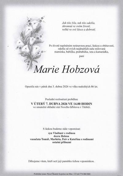 Smuteční oznámení – Marie Hobzová