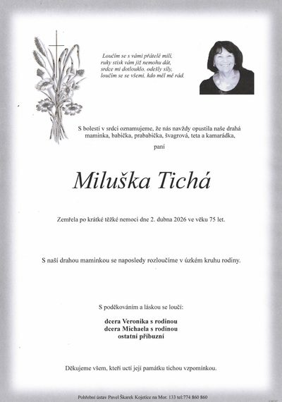 Smuteční oznámení – Miluška Tichá