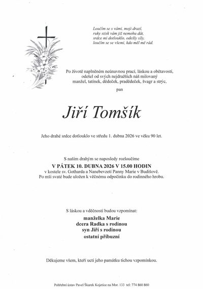 Smuteční oznámení – Jiří Tomšík