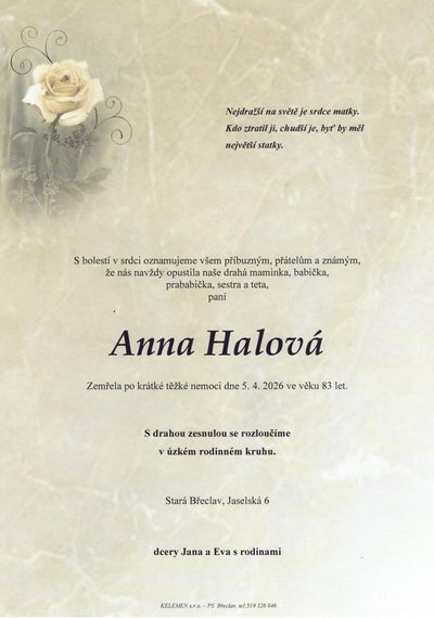 Smuteční oznámení – Anna Halová