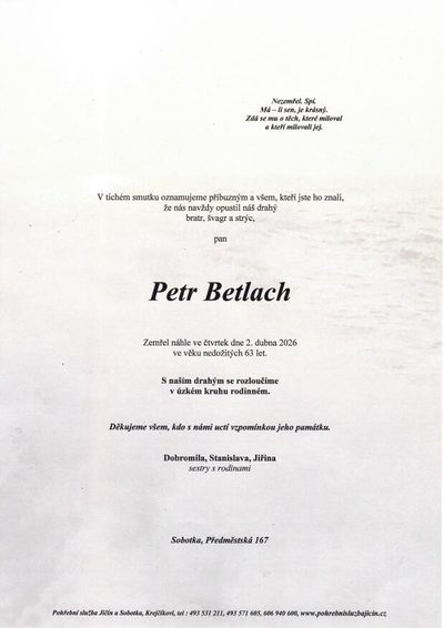 Smuteční oznámení – Petr Betlach