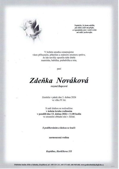 Smuteční oznámení – Zdeňka Nováková