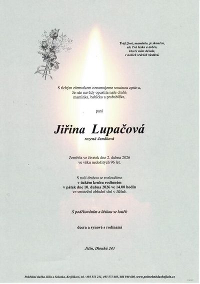 Smuteční oznámení – Jiřina Lupačová