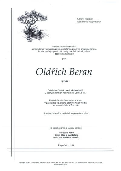 Smuteční oznámení – Oldřich Beran
