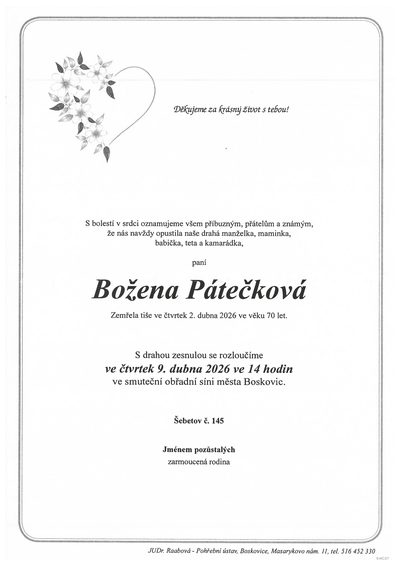 Smuteční oznámení – Božena Pátečková