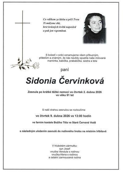 Smuteční oznámení – Sidonia Červinková