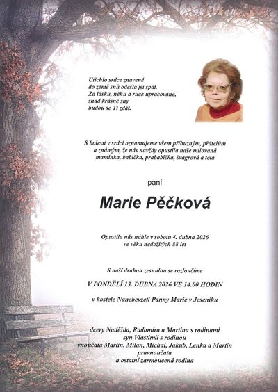 Smuteční oznámení – Marie Pěčková