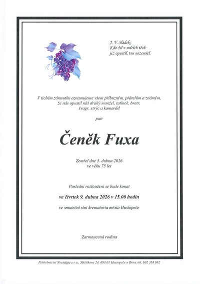 Smuteční oznámení – Čeněk Fuxa