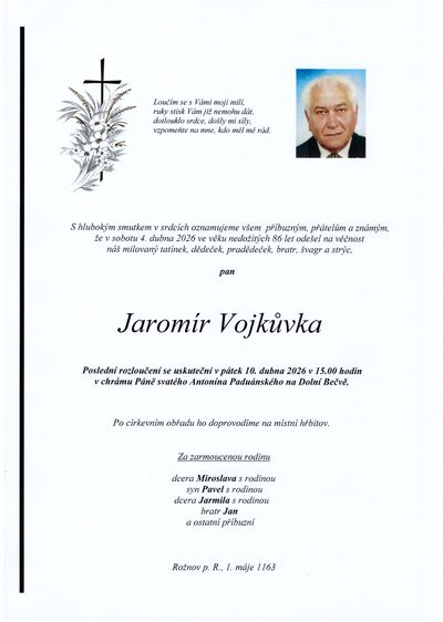 Smuteční oznámení – Jaromír Vojkůvka