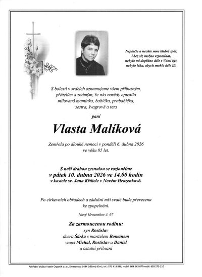 Smuteční oznámení – Vlasta Malíková