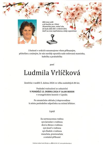 Smuteční oznámení – Ludmila Vrlíčková