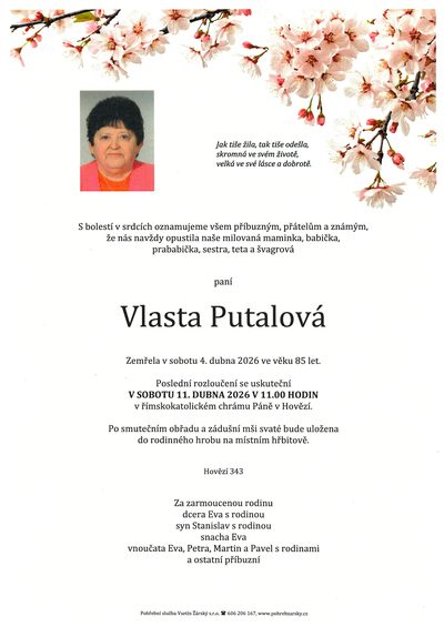 Smuteční oznámení – Vlasta Putalová