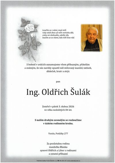 Smuteční oznámení – Oldřich Šulák