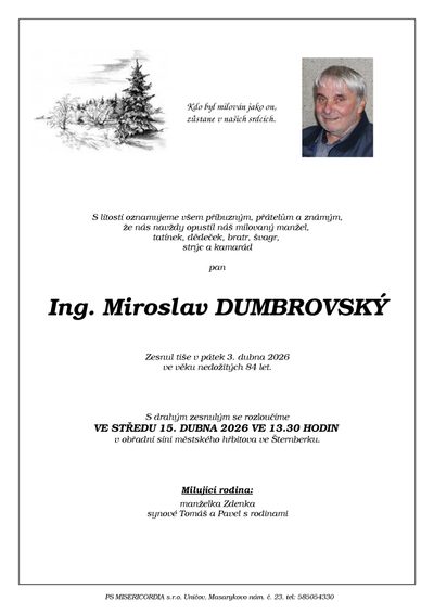 Smuteční oznámení – Ing. Miroslav Dumbrovský