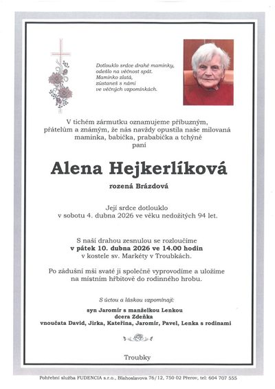 Smuteční oznámení – Alena Hejkerlíková