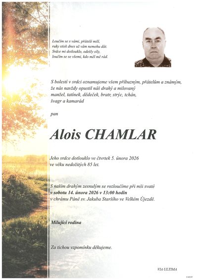 Smuteční oznámení – Alois Chamlar