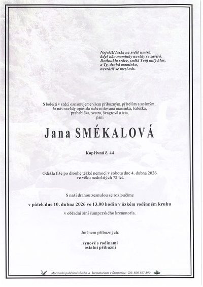 Smuteční oznámení – Jana Smékalová