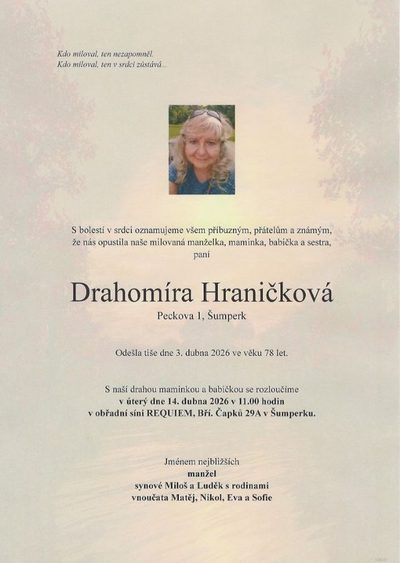 Smuteční oznámení – Drahomíra Hraničková