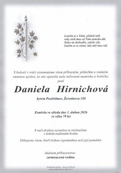 Smuteční oznámení – Daniela Hirnichová