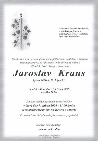 Smuteční oznámení – Jaroslav Kraus