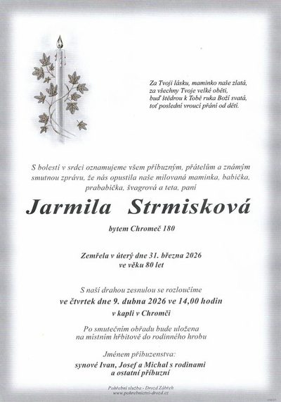 Smuteční oznámení – Jarmila Strmisková