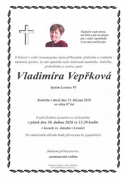 Smuteční oznámení – Vladimíra Vepřková