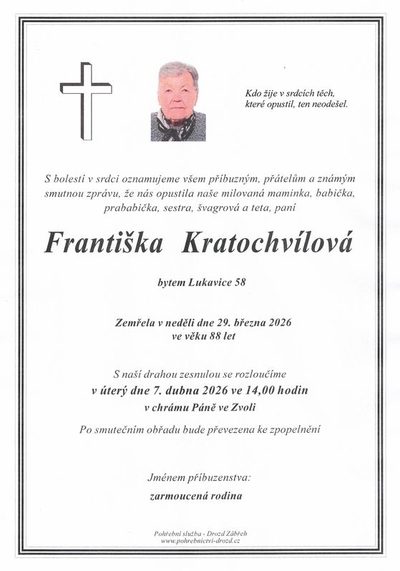 Smuteční oznámení – Františka Kratochvílová