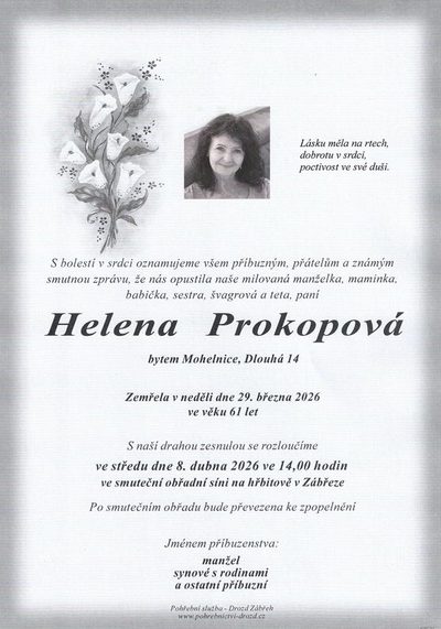 Smuteční oznámení – Helena Prokopová