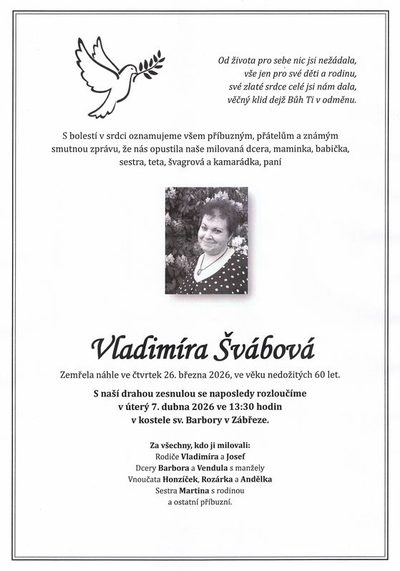Smuteční oznámení – Vladimíra Švábová