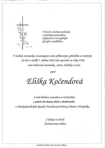 Smuteční oznámení – Eliška Kočendová