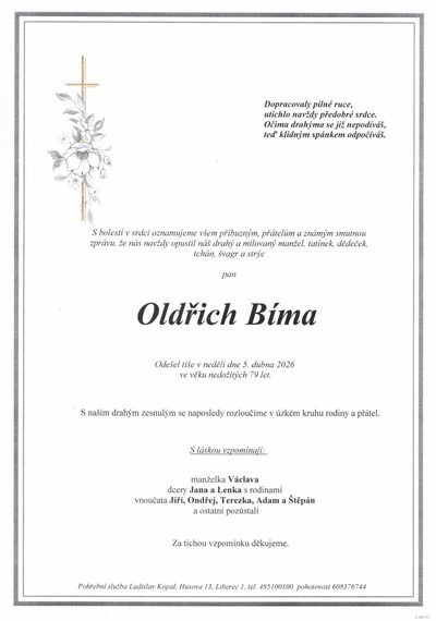 Smuteční oznámení – Oldřich Bíma