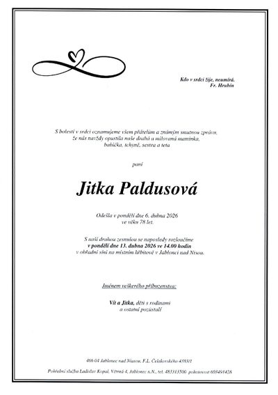 Smuteční oznámení – Jitka Paldusová