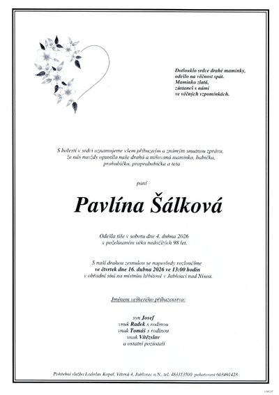 Smuteční oznámení – Pavlína Šálková