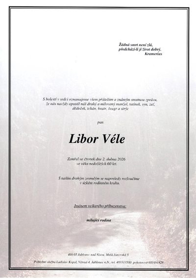 Smuteční oznámení – Libor Véle