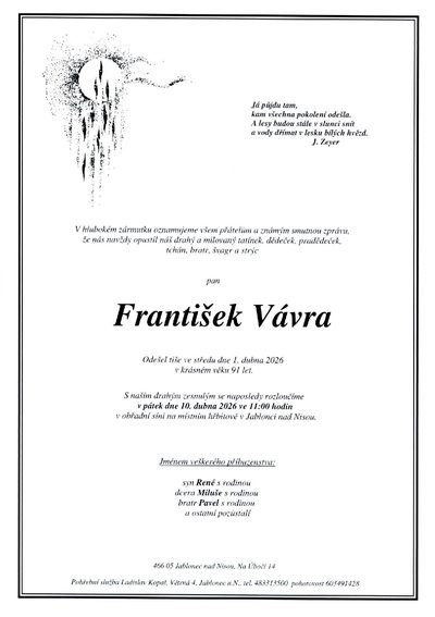 Smuteční oznámení – František Vávra