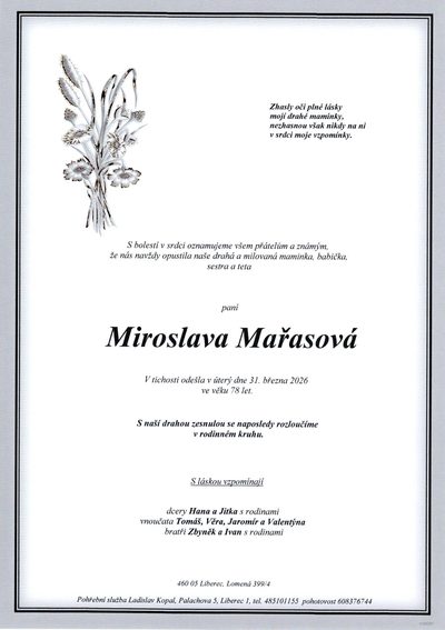 Smuteční oznámení – Miroslava Mařasová